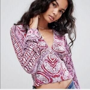Free People Pink Long Sleeve Crop Top Small 70s Western Boho Festival
